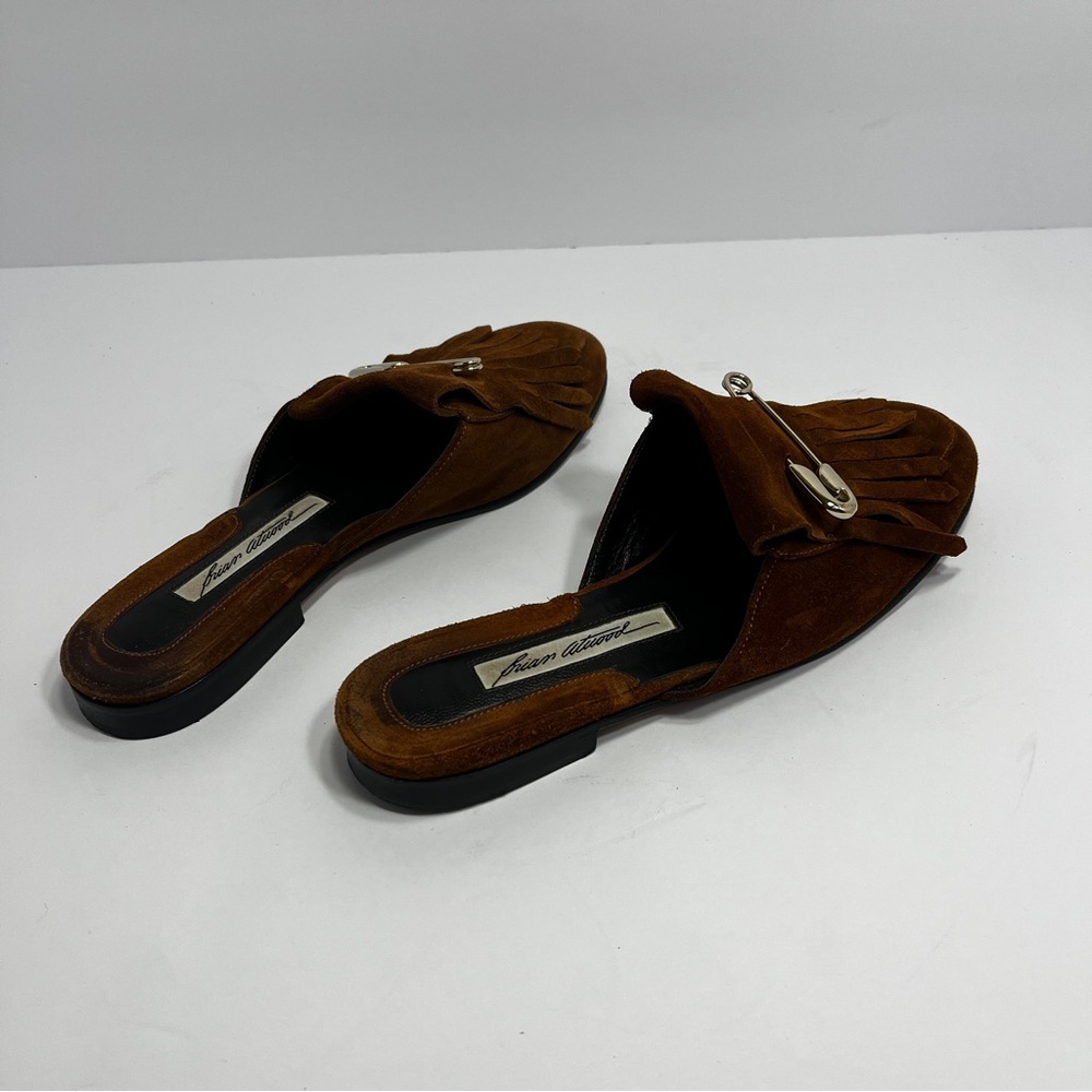 Brian Atwood Luna Brown Safety Pin Fringe Suede Mule Slides SZ 6.5 - Picture 5 of 7